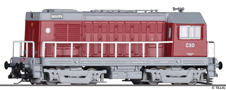 [Lokomotivy] → [Motorové] → [BR 107] → 02628: dieselová lokomotiva červená s šedým rámem a podvozky