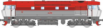 [Lokomotivy] → [Motorové] → [T478.1 „Bardotka”] → 33435A: dieselová lokomotiva červená-šedá s černým rámem a pojezdem, depo Jihlava