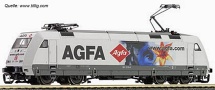 [Lokomotivy] → [Elektrické] → [BR 101] → 501125: elektrická lokomotiva bílá s šedým rámem a reklamním potiskem „AGFA“