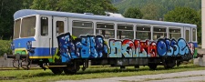 [Osobní vozy] → [Spěšné a osobní] → [2-osé Btax (010)] → M0996: zelený-modrý-bílý s šedou střechou ″Železnice Desná″, graffiti