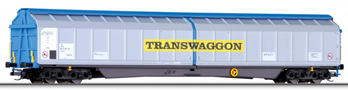 [Nákladní vozy] → [Kryté] → [4-osé s posuvnými bočnicemi Habbis] → 01428: krytý nákladní vůz modrý se stříbrnými bočnicemi „Transwaggon“
