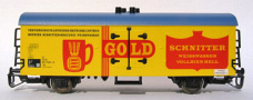 [Nákladní vozy] → [Kryté] → [2-osé chladicí, pivní a reklamní] → 500057: žlutý s šedou střechou ″Schnitter Gold″