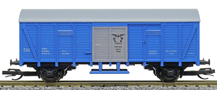 [Nákladní vozy] → [Kryté] → [2-osé Gl] → : kryatý nákladní vůz modrý s šedou střechou a stříbrnými vraty dílenský vůz „Elektrizace železnic“