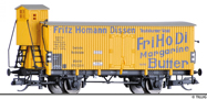 [Nákladní vozy] → [Kryté] → [2-osé chladicí] → 502097: chladicí vůz žlutý s šedou střechou „Hohmann“