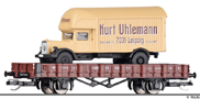 [Nákladní vozy] → [Nízkostěnné] → [2-osé Rm] → 502397: nízkostěnný vůz červenohnědý s nákladem automobilu „Kurt Uhlemann, Leipzig“