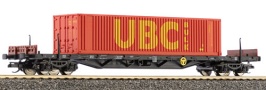 [Nákladní vozy] → [Nízkostěnné] → [4-osé plošinové Rgs] → 15574: nákladní plošinový vůz černý s jedním kontejnerem 40′ „UBC“