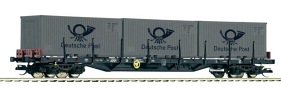 [Nákladní vozy] → [Nízkostěnné] → [4-osé plošinové Rgs] → 500986: nákladní plošinový vůz černý se třemi kontejnery 20′ „Deutsche Post”