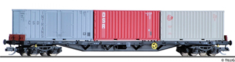 [Nákladní vozy] → [Nízkostěnné] → [4-osé plošinové Rgs] → 18127: nákladní plošinový vůz černý se třemi kontejnery 20′