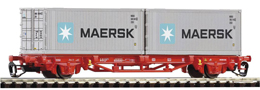 [Nákladní vozy] → [Nízkostěnné] → [2-osé kontejnerové Lgs 579] → 47720: plošinový vůz červený se dvěma kontejnery 20′ „Maersk“