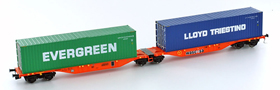 [Nákladní vozy] → [Nízkostěnné] → [6-osé Kombiwaggon] → H70502: modrý s nákladem dvou kontejnerů 40′ „Evergreen Loyd“