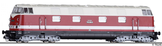 [Lokomotivy] → [Motorové] → [V 180 (BR 118)] → 02677 E: dieselová lokomotiva červená-slonová kost s pruhem a černým rámem, šedé podvozky