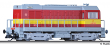 [Lokomotivy] → [Motorové] → [BR 107] → 04625: dieselová lokomotiva červená s šedou střechou, rámem a pojezdem, žlutý výstražný pás