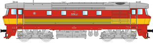 [Lokomotivy] → [Motorové] → [T478.1 „Bardotka”] → 33410B: dieselová lokomotiva červená s výstražným pruhem, šedá střecha
