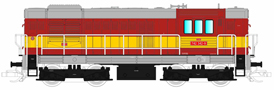 [Lokomotivy] → [Motorové] → [T466.2/T448.0] → 501579: dieselová lokomotiva červená se žlutým pásem, šedá střecha a rám, černé podvozky