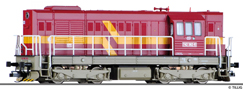 [Lokomotivy] → [Motorové] → [T466.2/T448.0] → 02755: dieselová lokomotiva červená s výstražným pásem, šedý rám a pojezd