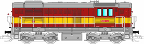 [Lokomotivy] → [Motorové] → [T466.2/T448.0] → 501829: dieselová lokomotiva červená s výstražným pruhem, šedá střecha, rám a pojezd