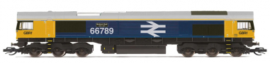 [Lokomotivy] → [Ostatní] → [Ostrovní] → TT3020M: dieselová lokomotiva modrá-žlutá, šedá střecha, černý rám a pojezd „British Rail 1948-1997“