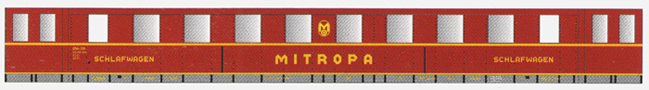[Osobní vozy] → [Spěšné a osobní] → [4-osé spěšné] → 500635: lůžkový vůz červený se stříbřitou střechou „MITROPA“