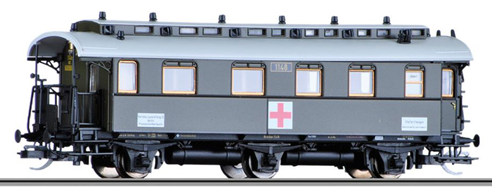 [Osobní vozy] → [Spěšné a osobní] → [3-osé pruské] → 01786 E: osobní vůz zelený s šedou střechou z lazaretního vlaku „Vereins-Lazarettzug“