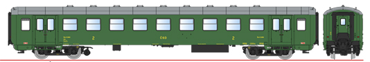 [Osobní vozy] → [Spěšné a osobní] → [4-osé Bai „Osmidvéřák“] → 97000001: osobní vůz zelený s šedou střechou 2. tř., Praha