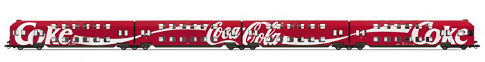 [Osobní vozy] → [Patrové] → [DB 13] → HN9508: čtyřdílná patrová jednotka v reklamních barvách „Coca-Cola“
