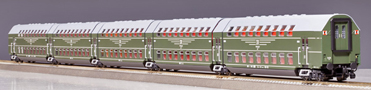 [Osobní vozy] → [Patrové] → [DBG] → 1959: pětidílná patrová jednotka zelená s šedou střechou