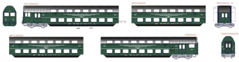 [Osobní vozy] → [Patrové] → [DBG] → 52004301: čtyřdílná souprava zelená s šedou střechou