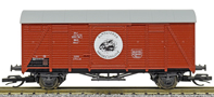 [Nákladní vozy] → [Kryté] → [2-osé Ztr (Glm)] → D3014: krytý nákladní vůz červenohnědý s šedou střechou do pracovního vlaku „Elmonteros”, logo opice
