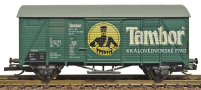 [Nákladní vozy] → [Kryté] → [2-osé Ztr (Glm)] → 3067.2: krytý nákladní vůz zelený s šedou střechou s logem „Tambor - Královédvorské pivo“