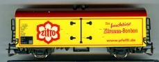 [Nákladní vozy] → [Kryté] → [2-osé chladicí, pivní a reklamní] → 500218: žlutý s červenou střechou ″Zitro″