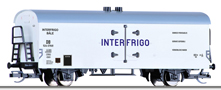 [Nákladní vozy] → [Kryté] → [2-osé chladicí, pivní a reklamní] → 501615: bílý chladící vůz s šedou střechou „INTERFRIGO“