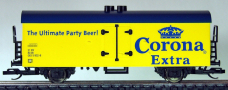 [Nákladní vozy] → [Kryté] → [2-osé chladicí, pivní a reklamní] → 500814: nákladní chladící vůz žlutý s modrou střechou „CORONA“