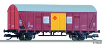 [Nákladní vozy] → [Kryté] → [2-osé Gl] → 501204: červenohnědý s šedou střechou a žlutými dveřmi pro přepravu nebezpečných chemikálií