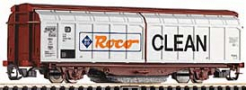 [Nákladní vozy] → [Kryté] → [2-osé s posuvnými bočnicemi] → 37550: krytý nákladní vůz červenohnědý se stříbrnými bočnicemi, čistící vůz „Roco-Clean“