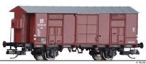 [Nákladní vozy] → [Kryté] → [2-osé F] → 14883: krytý nákladní vůz červenohnědý s šedou střechou a s brzdařskou budkou