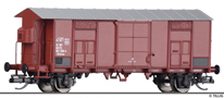 [Nákladní vozy] → [Kryté] → [2-osé F] → 14888: krytý nákladní vůz červenohnědý s šedou střechou a s brzdařskou budkou