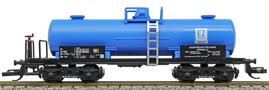 [Nákladní vozy] → [Cisternové] → [4-osé Zas (Ra)] → : kotlový vůz modrý s černým pojezdem „Elektrizace železnic“