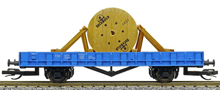 [Nákladní vozy] → [Nízkostěnné] → [2-osé Rm] → : nízkostěnný nákladní vůz modrý s nákladem bubnu kabelu „Elektrizace železnic“