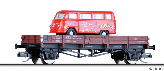 [Nákladní vozy] → [Nízkostěnné] → [2-osé X] → 14924: nízkostěnný vůz červenohnědý s nákladem Matador busu „Flower Power“