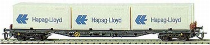 [Nákladní vozy] → [Nízkostěnné] → [4-osé plošinové Rgs] → 15512: nákladní plošinový vůz černý se třemi kontejnery 20′ „Hapag-Lloyd“