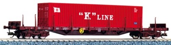 [Nákladní vozy] → [Nízkostěnné] → [4-osé plošinové Rgs] → 15501: nákladní plošinový vůz červenohnědý s kontejnerem 40′ „K-LINE“