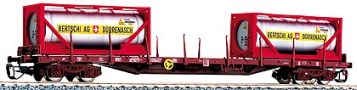 [Nákladní vozy] → [Nízkostěnné] → [4-osé plošinové Rgs] → 15536: nákladní plošinový vůz červenohnědý se dvěma cisternovými kontejnery „BERTSCHI“