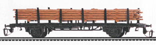 [Nákladní vozy] → [Nízkostěnné] → [2-osé Sm] → 04511: černý s klanicemi a nákladem dřeva