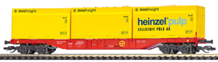 [Nákladní vozy] → [Nízkostěnné] → [4-osé kontejnerové Sngs] → 31143: červený se třemi žlutými kontejnery na dřevní štěpku „Zellstof Pöls“