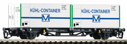 [Nákladní vozy] → [Nízkostěnné] → [2-osé kontejnerové Lgs 579] → 47714: plošinový nákladní vůz černý se dvěma bílými kontejnery 20′ „Kühl-container“
