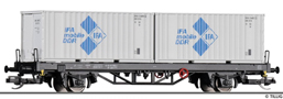 [Nákladní vozy] → [Nízkostěnné] → [2-osé kontejnerové Lgs 579] → 502271: plošinový vůz červený s nákladem 2x20′ kontejneru „IFA“