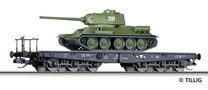 [Nákladní vozy] → [Nízkostěnné] → [6-osé plošinové] → 01675: černý plošinový s nákladem tanku T34/85