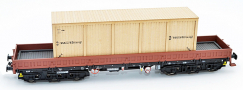 [Nákladní vozy] → [Nízkostěnné] → [6-osé nízkostěnné] → NW52043: nízkostěnný nákladní vůz červenohnědý s černým rámem a s nákladem bedny „Wartburg”