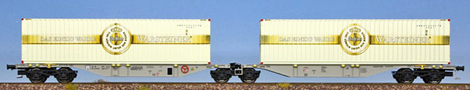 [Nákladní vozy] → [Nízkostěnné] → [6-osé Kombiwaggon] → H70504: šedý se dvěma kontejnery 40′ „Warsteiner“