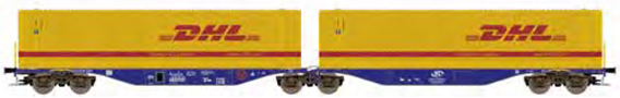 [Nákladní vozy] → [Nízkostěnné] → [6-osé Kombiwaggon] → H70508: modrý se dvěma žlutými kontejnery 45′ „DHL“